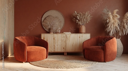 A cozy living space featuring terracotta armchairs and bohemian decor with earthy tones