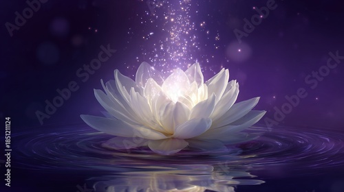 White lotus blossom glowing with magical light and shimmering particles on serene purple water