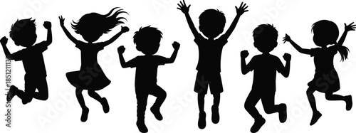 Happy Children Jumping Silhouette Set of Boys and Girls Celebrating Together for Childhood Joy and Playful Education Concept Vector Illustration