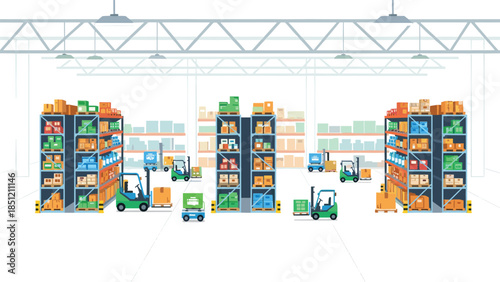Busy modern warehouse interior featuring tall shelves stacked with cardboard boxes, active forklifts, and automated guided vehicles.