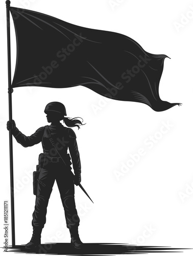 Female Soldier Silhouette Holding Large Waving Flag Wearing Uniform and Helmet Military Pride and Patriotism Concept Isolated on White Background