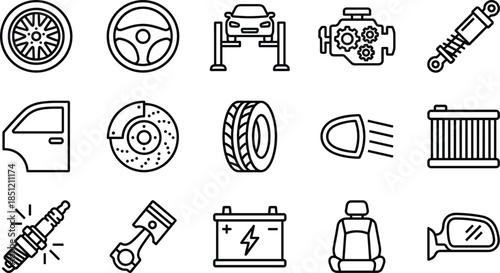 Car Parts Icon Set Featuring Engine, Steering Wheel, Brake Disc, Battery, Spark Plug, Piston, Radiator, Shock Absorber, and Automotive Repair.