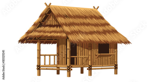 Traditional bamboo stilt hut with a charming thatched roof and a small veranda, often found in tropical or coastal regions.