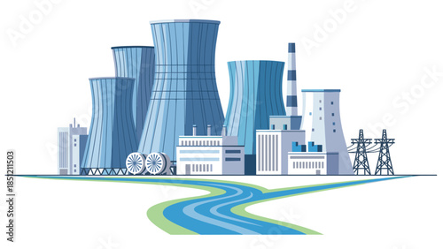 Large nuclear power plant complex with prominent cooling towers and industrial buildings situated alongside a winding river.