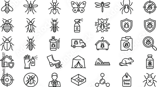 Pest Control Icon Set Featuring Insects, Spiders, Ants, Cockroaches, Termites, Rodents, Traps, Sprays, Fumigation Tents, and Professional Exterminator Service Outline Symbols.