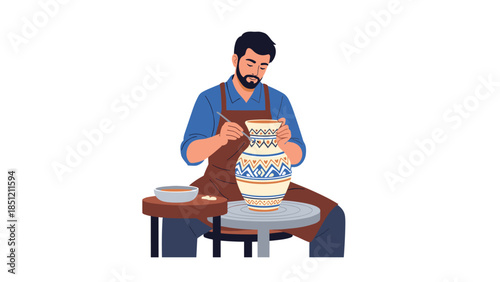 Skilled male potter with a beard meticulously decorating a unique ceramic vase on a spinning pottery wheel, showcasing artisan craft.