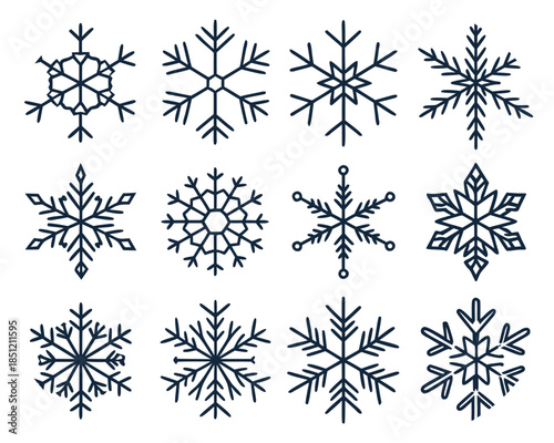 Twelve Dark Blue Outline Snowflake Icons Arranged in a Grid on a White Background winter cold