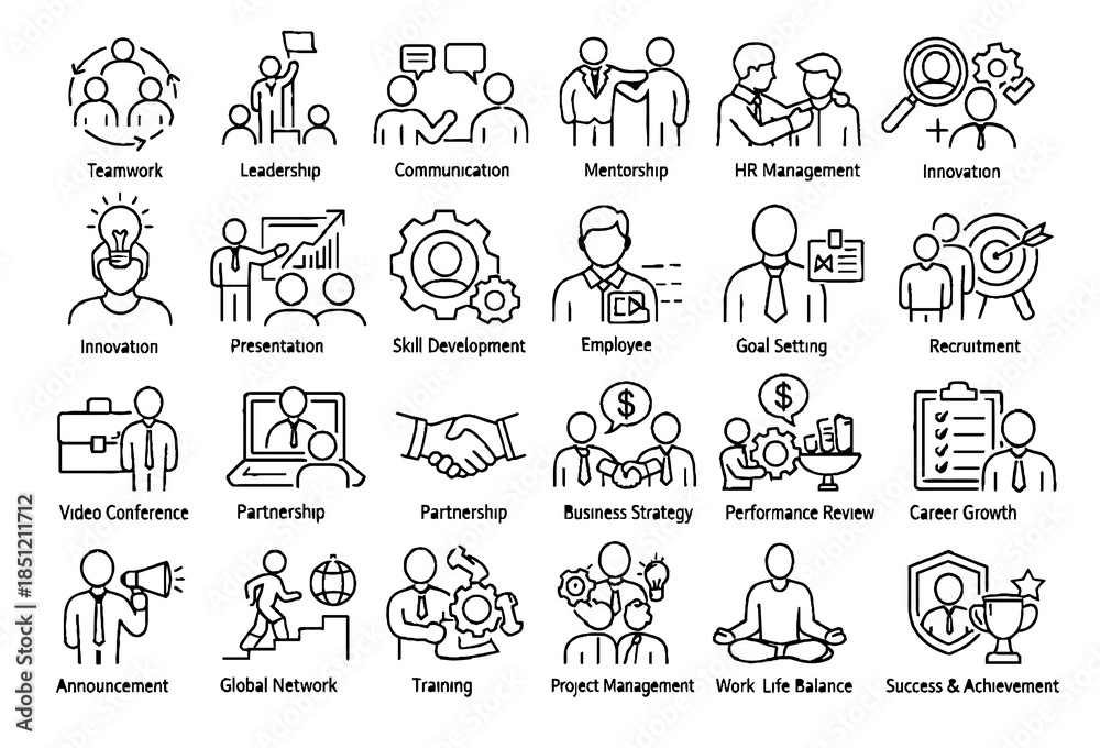 Fototapeta premium Business Teamwork Management Line Icons Set – Strategy, Leadership Growth