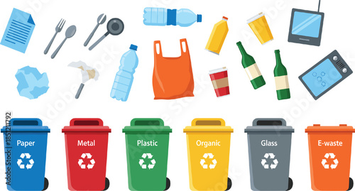 Waste recycling bins set with colorful trash containers for paper metal plastic organic glass and e-waste management for environmental conservation and ecology