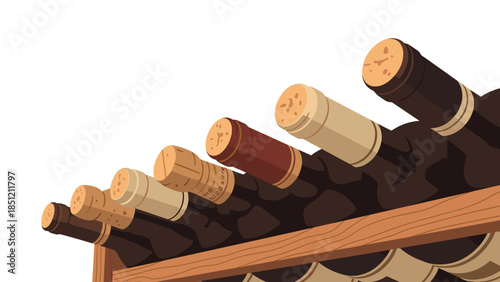 Assortment of elegant wine bottles securely stored horizontally on a classic wooden wine rack, ideal for a cellar.