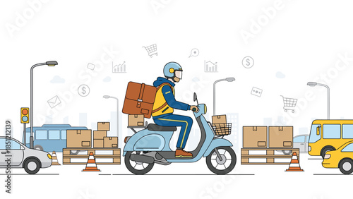 Modern urban delivery scene showcasing a courier on a scooter with packages, navigating a bustling city street alongside cars.