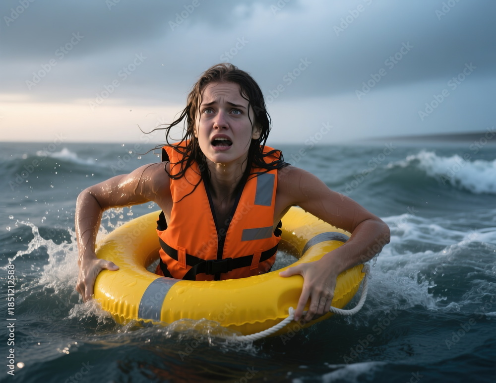 Obraz premium Woman in life jacket holding lifebuoy, swimming in sea, survival.