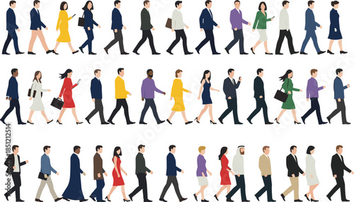 Flat vector illustration set of diverse men and women walking in casual and business attire for urban street scenes and architectural renderings.