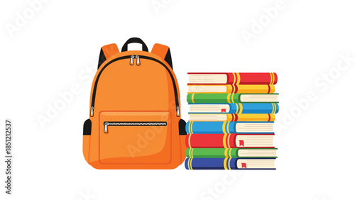 Bright orange backpack positioned alongside a tall, colorful stack of various books, symbolizing education, learning, and student life.
