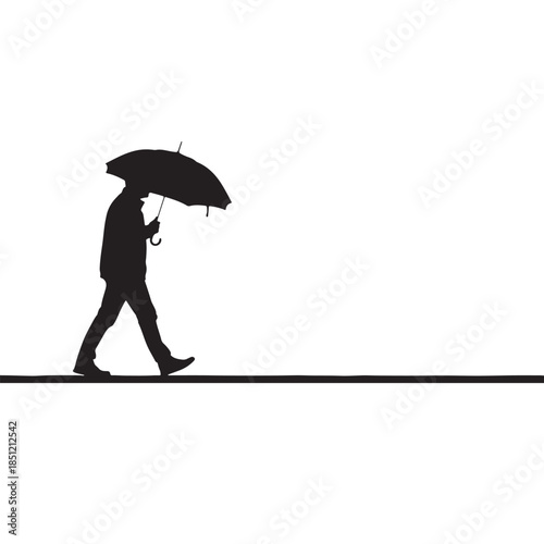A lone figure walks with an umbrella in a simple black and white silhouette