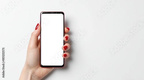 A elegant hand with vibrant red nails holding a modern smartphone featuring a blank white screen for content