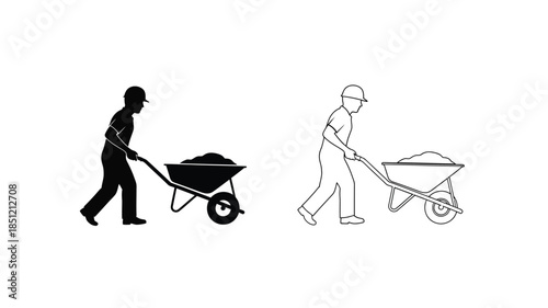 Silhouette of a worker pushing a wheelbarrow in three different styles