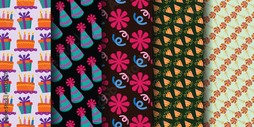 A vibrant collection of festive patterns featuring cakes, flowers, and party hats in various colors.