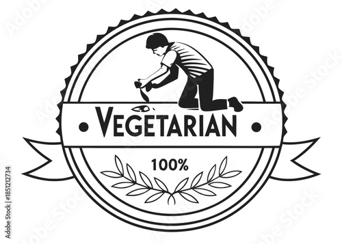 Vegetarian food emblem with farmer harvesting and 100 percent label logo badge