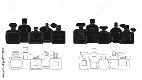 Black and white illustrations of perfume bottles in various shapes and sizes