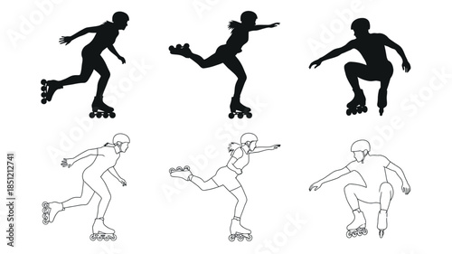 Silhouettes of people roller skating and running in various dynamic poses