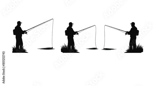 Silhouettes and line drawings illustrate multiple people enjoying the activity of fishing