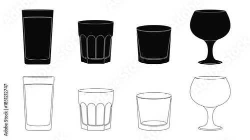 Assorted glassware silhouettes black and white depictions of different drinking vessels