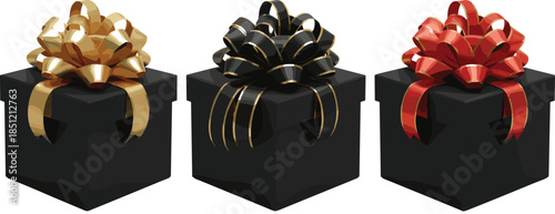 Luxury 3D vector set of matte black gift boxes featuring large decorative bows in gold black and red for premium celebration branding.