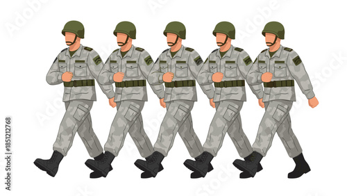 Five uniformed soldiers in camouflage and helmets marching in a disciplined line, representing military training and precision.