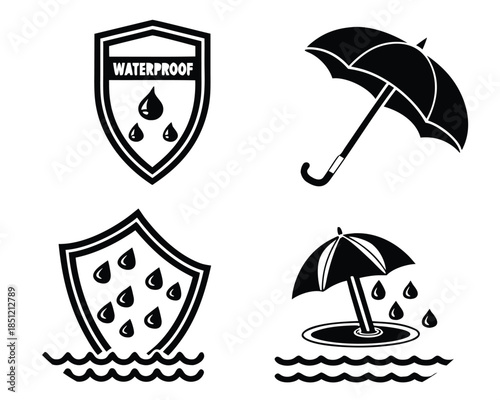 Waterproof icons with umbrella shields and raindrops on water surface Keywords: waterproof, water, protection, shield