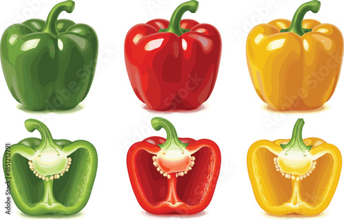 Set of realistic green red and yellow bell pepper vector icons featuring whole vegetables and cross section halves for healthy cooking and culinary design