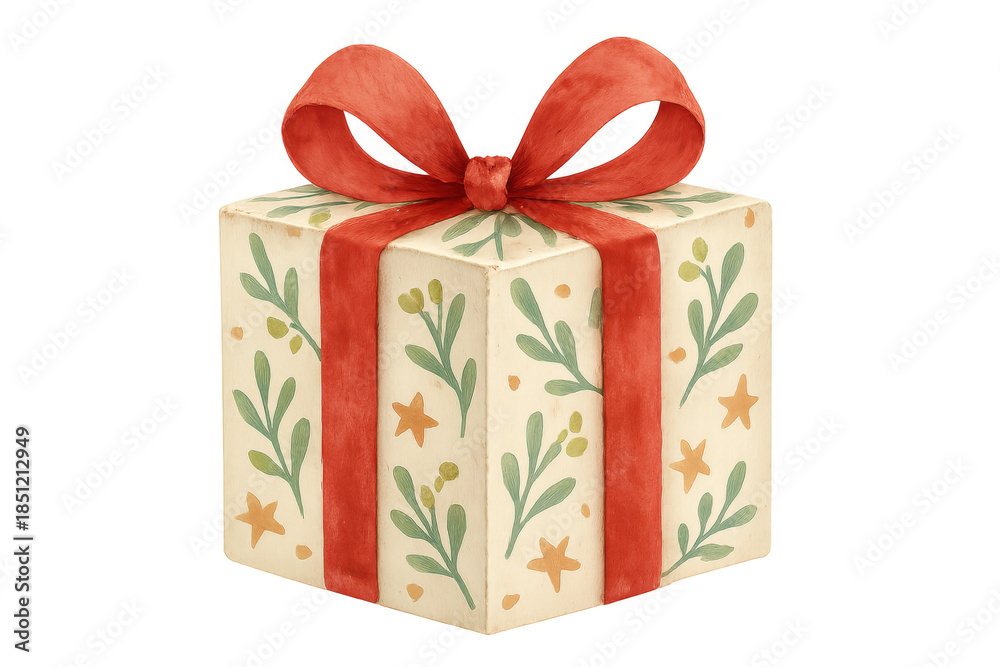 Obraz premium Holiday gift box with red ribbon and watercolor floral pattern, celebrating christmas, seasonal joy, and festive presents