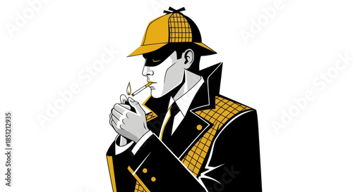 Detective illustration in yellow and black lighting a cigarette isolated