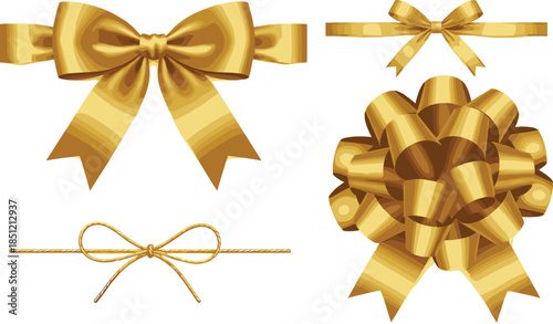 Elegant vector set featuring shiny golden gift bows and decorative ribbons for luxury packaging holiday celebrations birthday presents and festive wedding invitation designs.