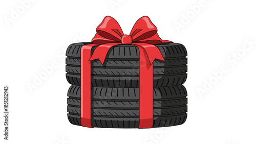Stack of four new black car tires wrapped with a bright red ribbon and festive bow, presented as a generous automotive gift.