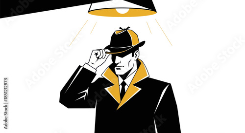 Detective illustration under spotlight with hat and trench coat