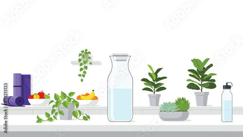 Well-arranged counter featuring a water carafe, reusable bottle, yoga mats, fresh fruits, and various potted plants, for healthy living.
