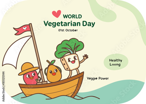 World Vegetarian Day with happy fruit and vegetable characters sailing on a boat celebration healthy living