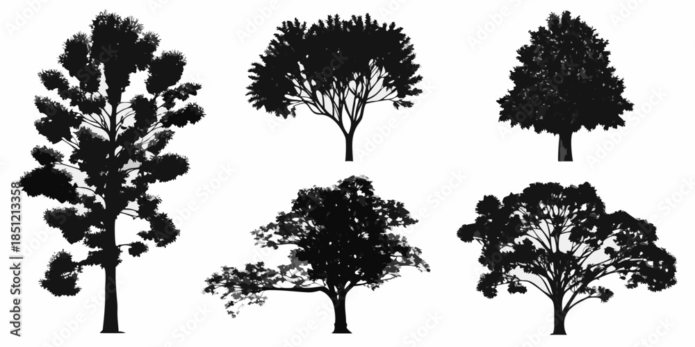 Fototapeta premium Silhouette collection of various tree types against a plain white background