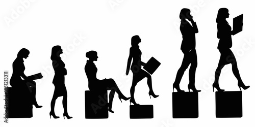 Silhouettes of women in professional attire posing on stacked blocks