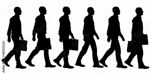 Silhouette of businessmen walking with briefcases in a linear arrangement