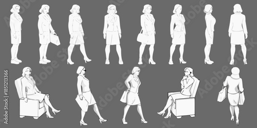 Fashion design sketches depicting a woman in various poses and outfits