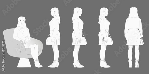 Fashion illustration of a woman in various poses and outfits