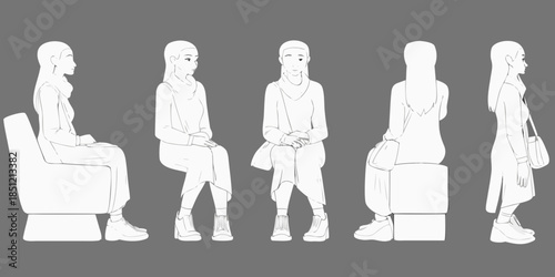 Line art illustration of five women seated in a waiting room scene