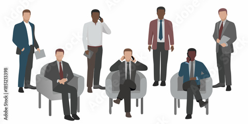 A group of diverse professionals in business attire waiting or conversing