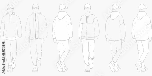 Fashion sketches of men in various casual outfits front and back views