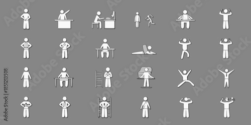 Diverse collection of white human figure icons demonstrating various activities