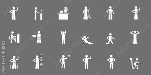 Simple white stick figures demonstrating various human activities and poses