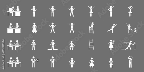 Collection of minimalist white pictograms depicting diverse human activities and figures