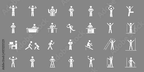Collection of simple white human figure icons representing diverse actions and poses